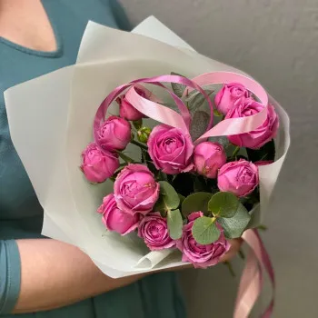 Author's bouquet of peony roses and fragrant eucalyptus